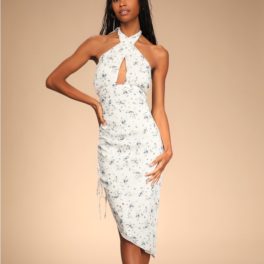 NWT Lulus White Floral Print Asymmetrical Midi Dress